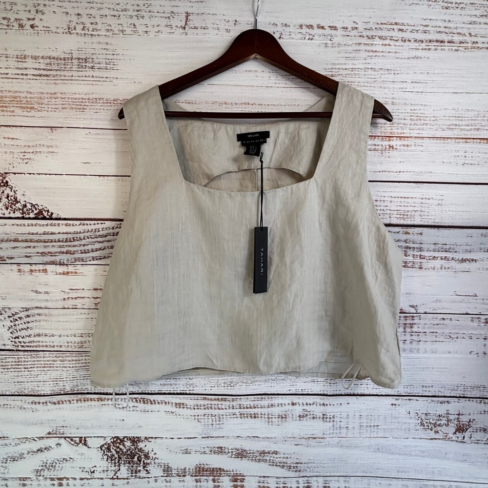 Minimalist Crop Top Tahari XL Beige 100% Linen Square Neck Sleeveless NWT - Picture 3 of 7